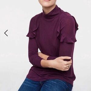 LOFT Petite Ruffle Mock neck Top jewel tone wine